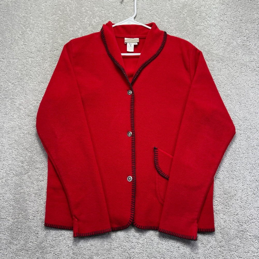 Coldwater Creek Jacket Womens Medium Red Fleece Blanket Stitch Button Winter